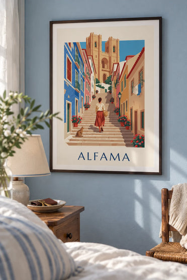 Poster scalinata fiorita dell'Alfama sotto la cattedrale di Lisbona: incorniciato a parete