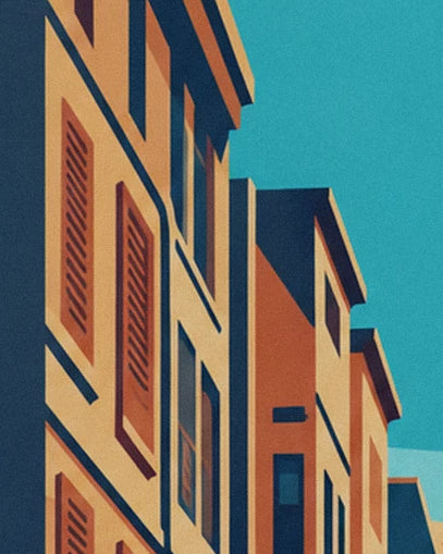 Les façades ocre aux volets rouges et aux corniches sombres sous le ciel turquoise