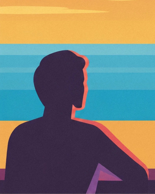 A figure in profile outlined in coral, with one arm bent in front of the turquoise sea