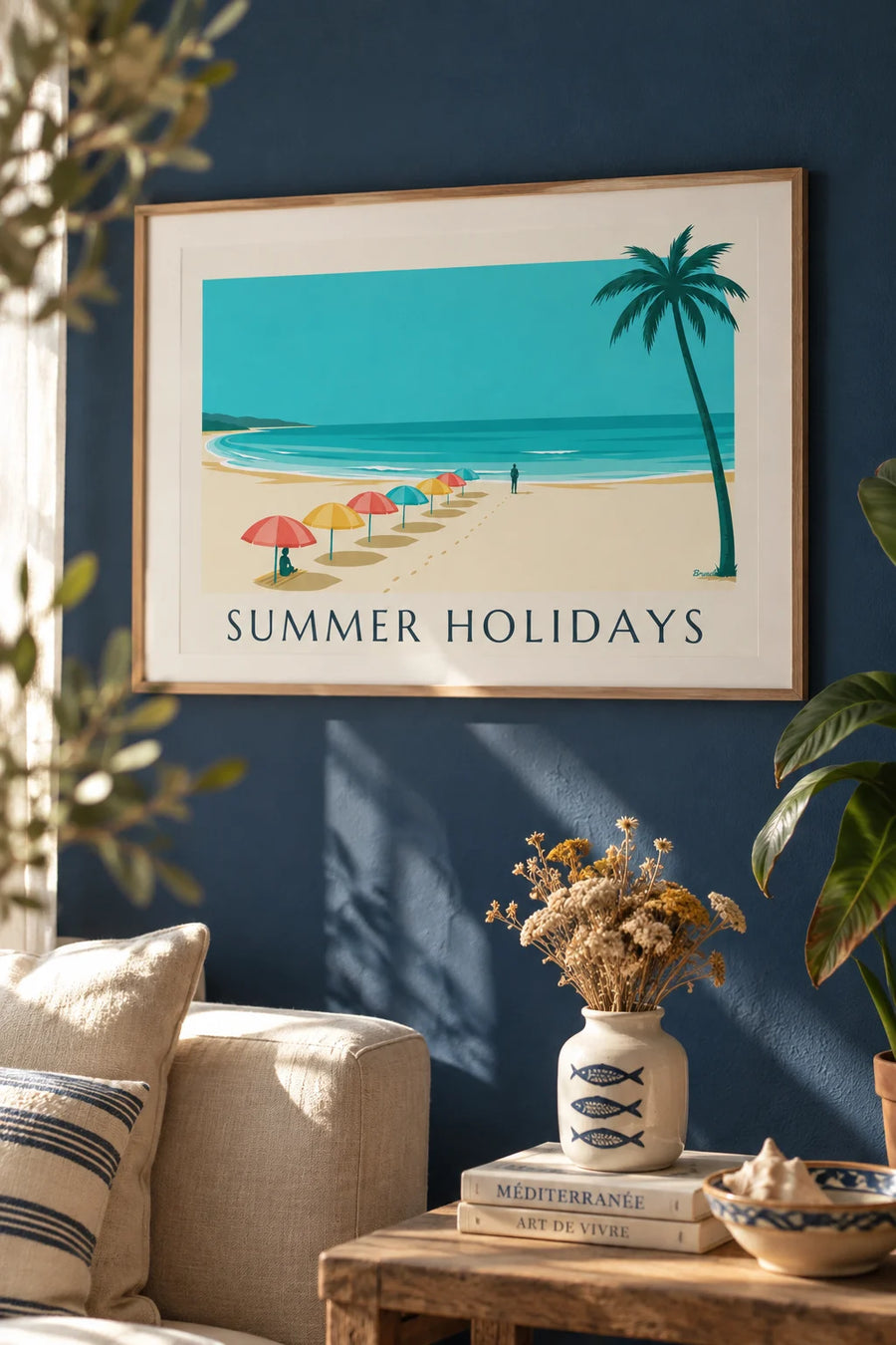 Poster di vacanze estive, palme e ombrelloni colorati: incorniciato alla parete