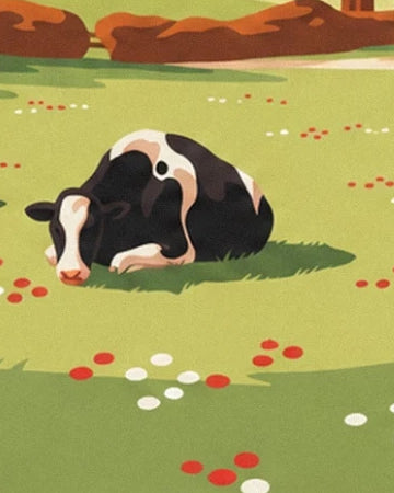Une vache noire et blanche couchée dans l’herbe parsemée de fleurs rouges et blanches