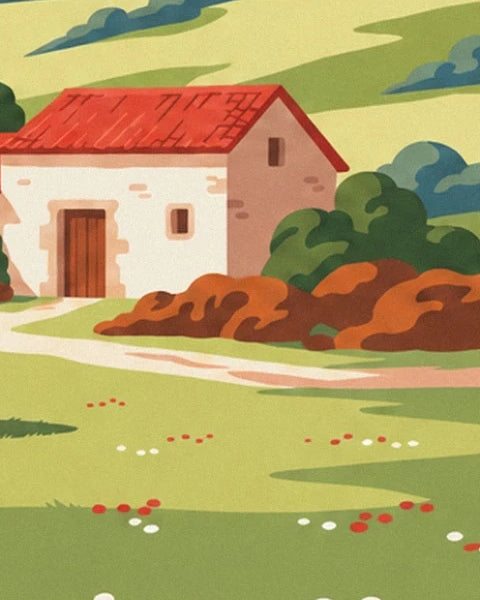 Une maison claire au toit rouge, bordée de buissons et d’un chemin sinueux