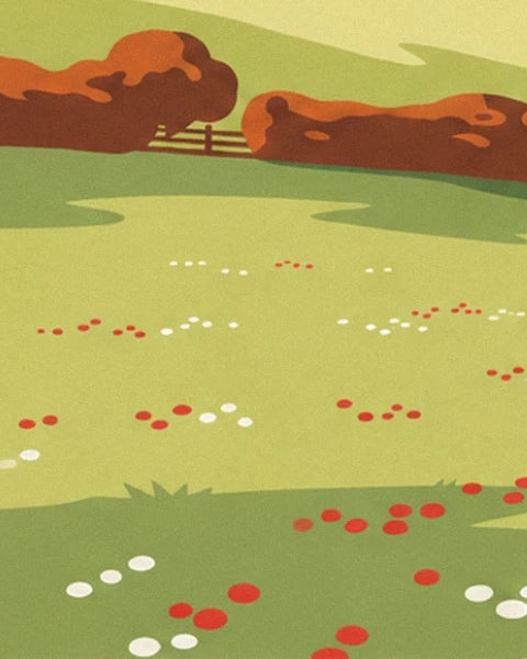Une prairie parsemée de fleurs rouges et blanches, bordée d’une haie rousse