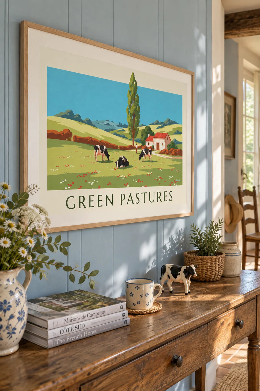 Affiche vaches en liberté dans la campagne vallonnée : encadrée au mur