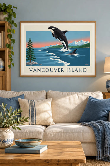 Poster con orca e montagne dell'isola di Vancouver in Canada: incorniciato alla parete