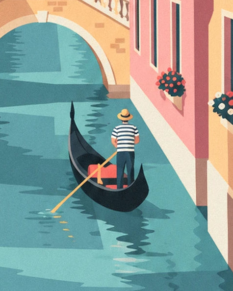 Il gondoliere con maglia a righe e cappello di paglia, sulla sua gondola nera