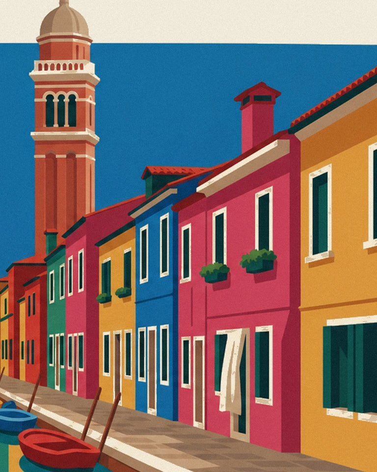 Poster canale e case colorate di Burano, campanile pendente: dettaglio in primo piano