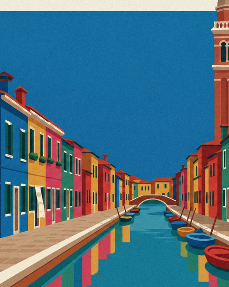 Poster canale e case colorate di Burano, campanile pendente: dettaglio in primo piano