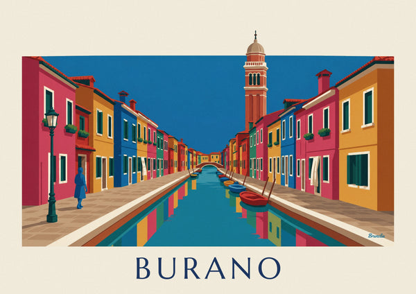 Poster canale e case colorate di Burano, campanile pendente