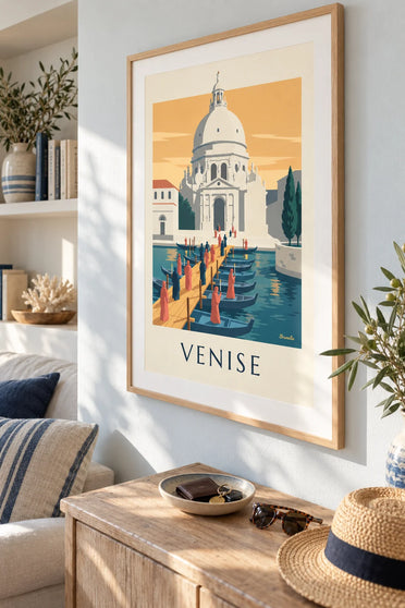 Poster dei pellegrini sul ponte di barche verso la Salute a Venezia: incorniciato alla parete
