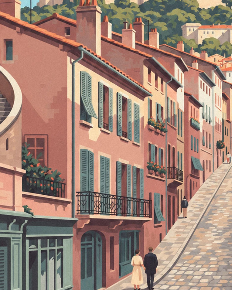 Vieux Lyon Renaissance facades and Fourvière poster: close-up detail