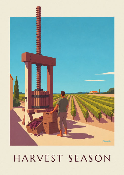 Poster torchio da uva in legno al tempo della vendemmia: il poster intero