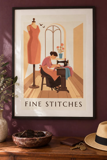 Poster of a seamstress at a treadle sewing machine with a dress form: framed on the wall
