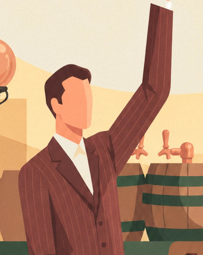 L'uomo in completo bordeaux a righe, con il braccio alzato, davanti alle botti e alle spine della birra