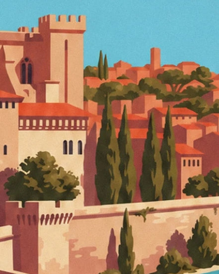 Gli snelli cipressi tra gli edifici color ocra e i tetti rossi di Avignone