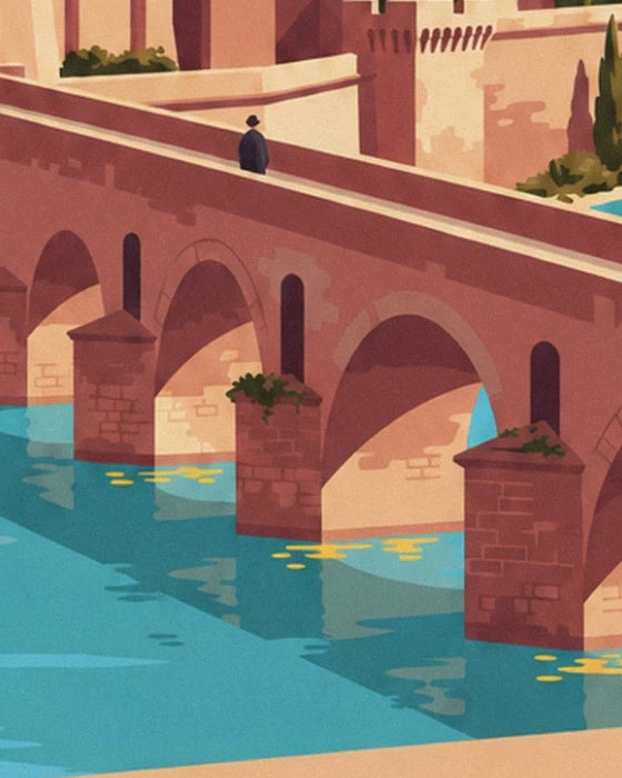 Le arcate del ponte di Saint-Bénézet sul Rodano turchese e un passante sul ponte