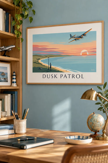 Poster bombardiere quadrimotore al tramonto: incorniciato alla parete