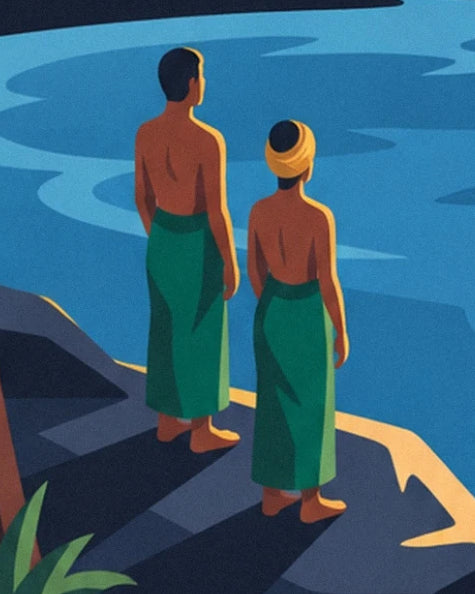 Les 2 personnages de dos en sarongs verts, face à la mer bleue de Bali