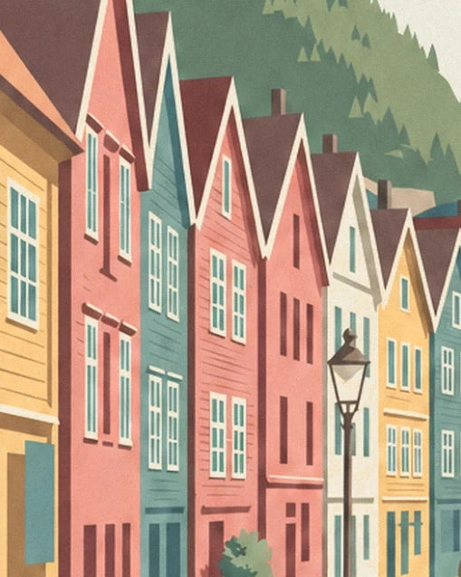 Le facciate colorate e i tetti a punta di Bryggen con un lampione sulla banchina