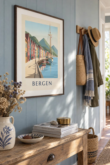 Poster delle case anseatiche di Bryggen sul fiordo di Bergen: incorniciato al muro