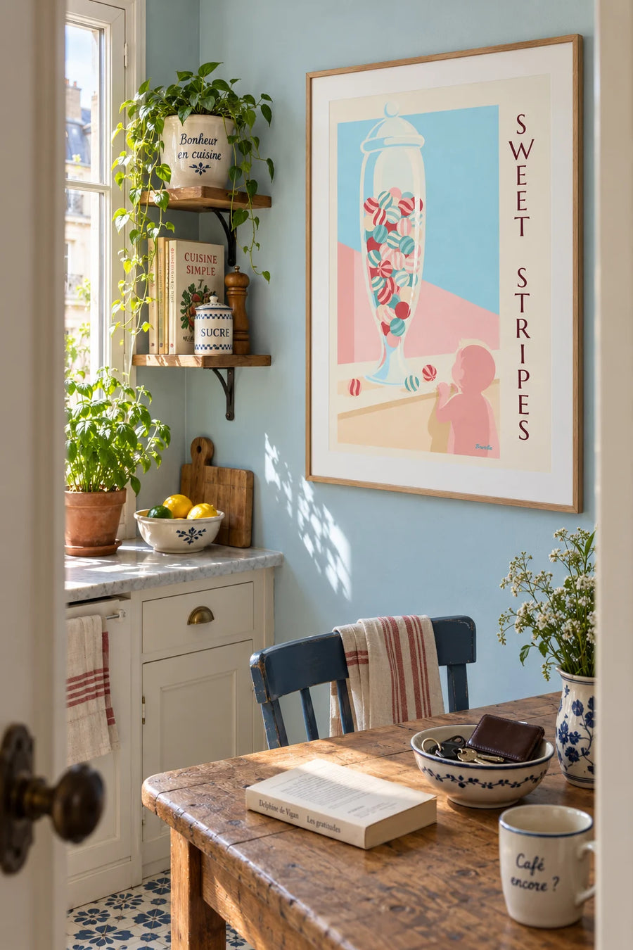 Poster barattolo di vetro con caramelle a righe su un bancone: incorniciato alla parete