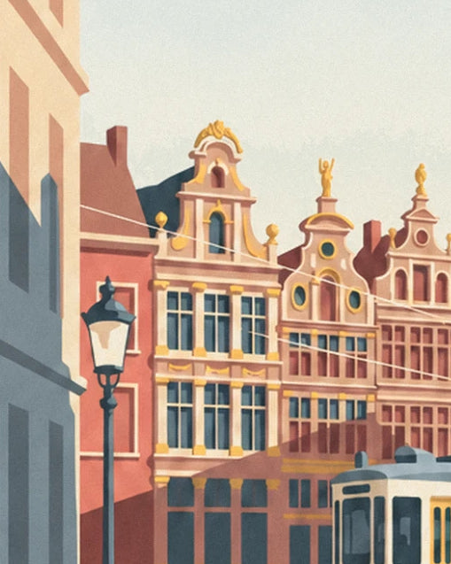 A black street lamp in front of the pink and brick-red gables with golden decorations