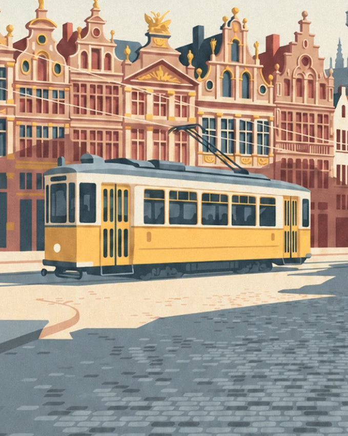 The yellow tram on the cobbles in front of the golden façades of the Grand-Place