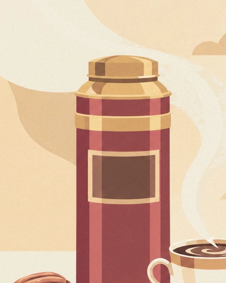 Affiche boîte de cacao et tasse de chocolat chaud : détail en gros plan