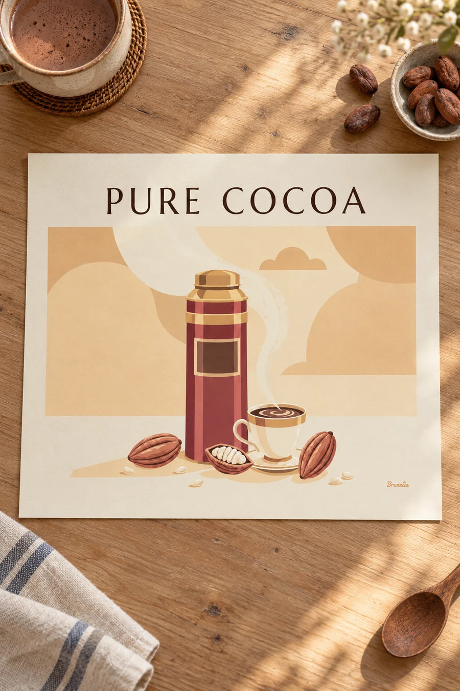 Affiche boîte de cacao et tasse de chocolat chaud : posée sur une table