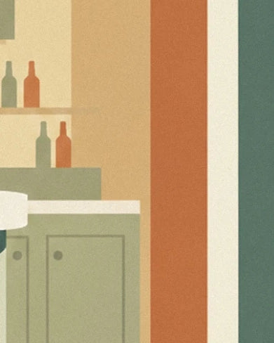 La credenza verde salvia e le bottiglie da bistrot accanto al telaio arancione della finestra