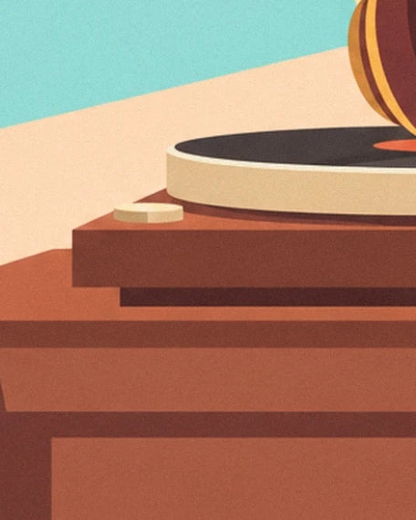 The cream turntable platter and its black record on the reddish-brown base