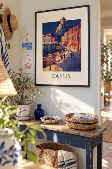 Poster of a café terrace in the evening on the Cassis waterfront with its castle: framed on the wall