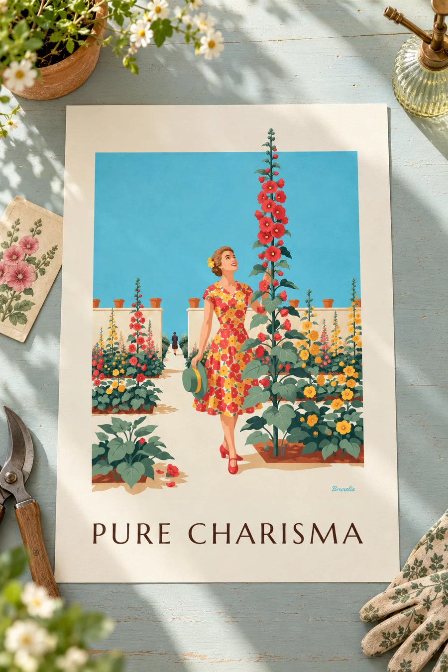 Poster of a woman in a floral dress in a sunny garden: placed on a table