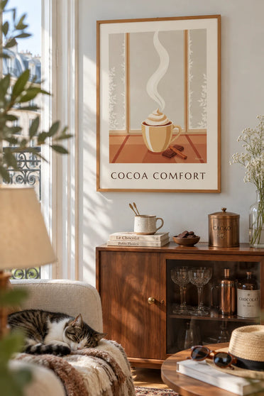 Poster of a steaming cup of hot chocolate by a frosted window: framed on the wall