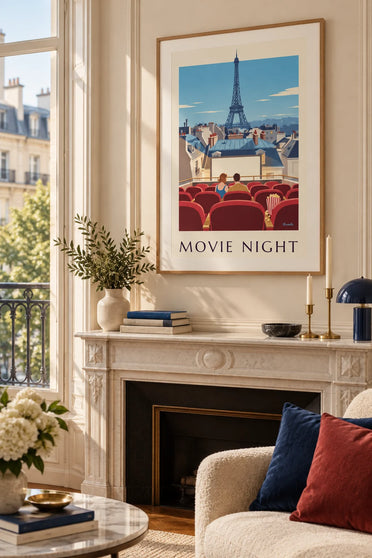 Poster cinema all'aperto su un tetto di Parigi e pop-corn: con cornice appeso al muro