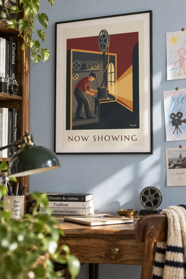 Poster proiezionista di cinema e pellicola: incorniciato alla parete