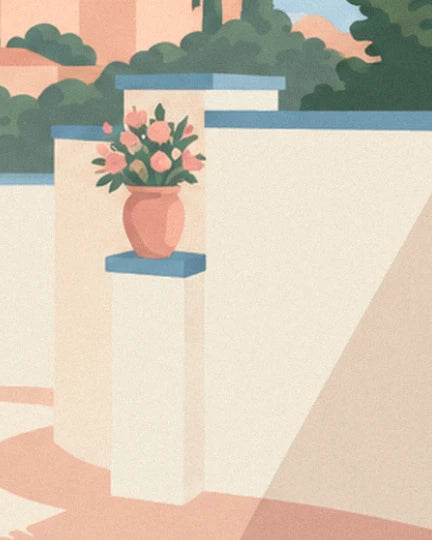 Il vaso di terracotta con il suo mazzo di fiori rosa su un pilastro bianco bordato di blu
