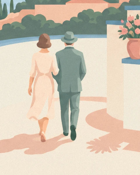 La coppia vista di spalle sulla terrazza, lei con un abito rosa pallido e lui con un completo verde e un cappello