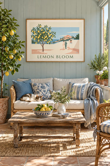 Poster of lemons on the branch in a frame of floral patterns: framed on the wall
