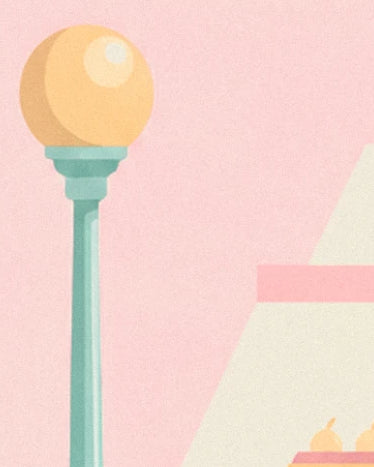 A green street lamp with a yellow globe in front of the pink pastry shop façade