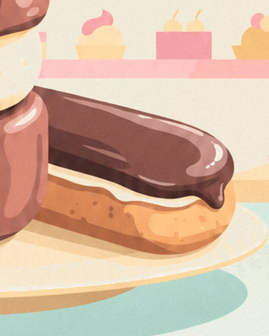 The éclair with glossy chocolate icing on a plate with golden highlights