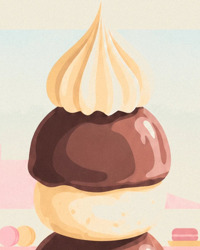 The chocolate-coated choux bun with its tall peak of golden cream in the pastry shop