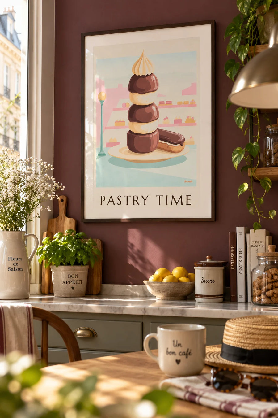 Chocolate éclair and religieuse pastry poster: framed on the wall