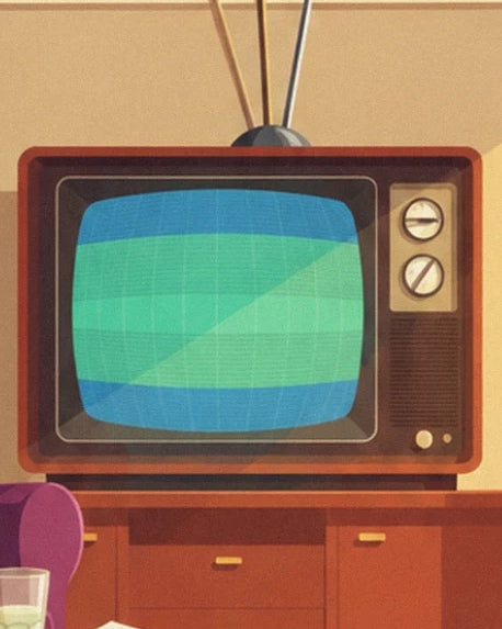 Le téléviseur cathodique à antennes et son écran quadrillé bleu et vert