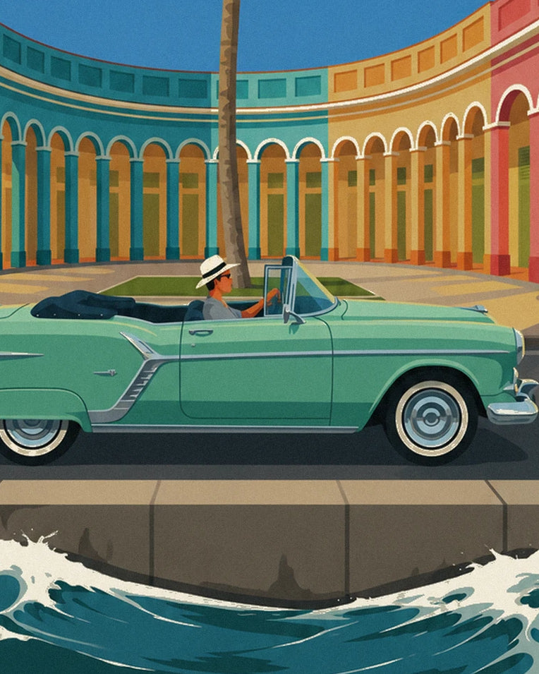 Mint green convertible on Havana’s Malecón poster: close-up detail