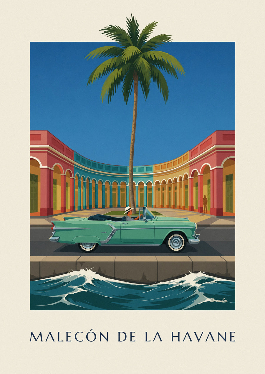 Mint green convertible on Havana’s Malecón poster