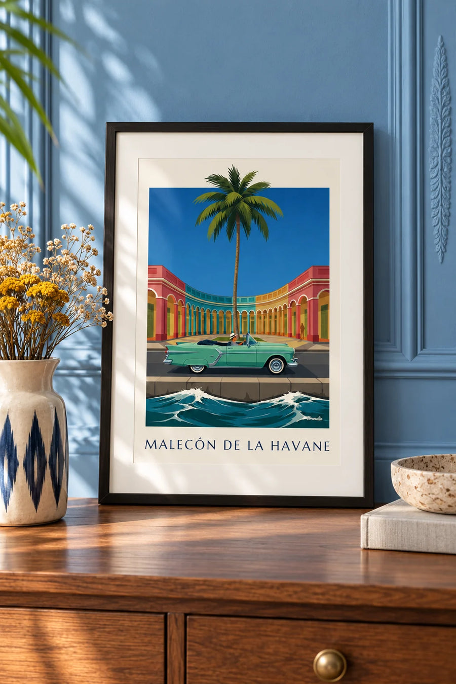 Poster of a mint green convertible on the Malecón in Havana: small framed A4 size