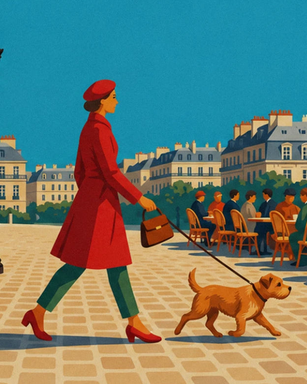 La donna con berretto e cappotto rosso, la sua borsa marrone e il suo cane rosso al guinzaglio sul acciottolato