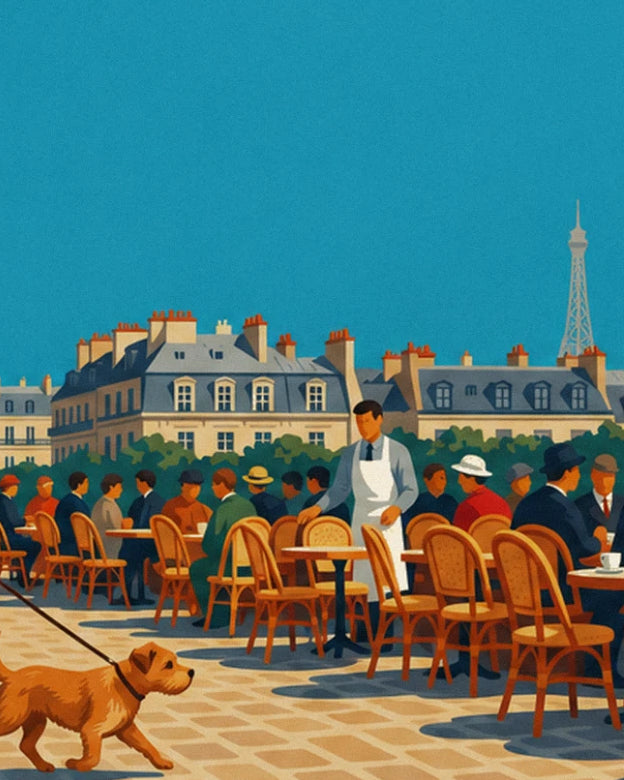 Il cane color zenzero che trotta davanti alla terrazza del caffè, con le sue sedie di rattan e la tour Eiffel sullo sfondo