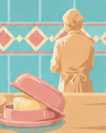 The figure seen from behind in a tied apron, behind an open pink butter dish